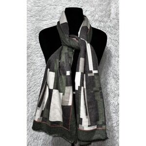 Green Gray Tan Geometric Scarf  30x72 Winter Wrap Preppy Fashionista‎